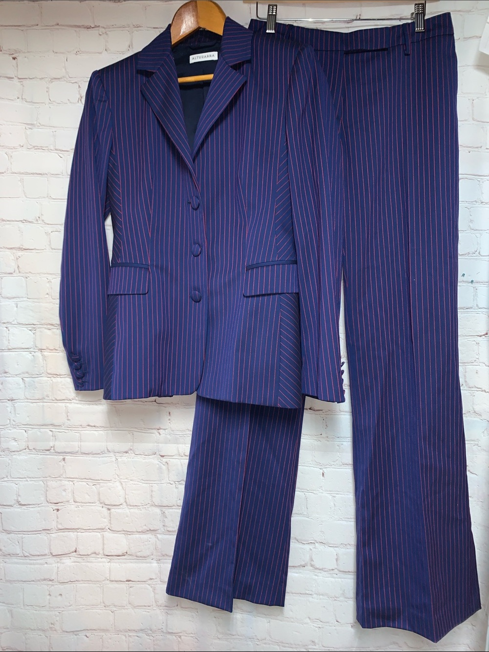 Altuzarra Blue Red Pinstripe Blazer & Trousers  Wide Leg Pantsuit Size 40